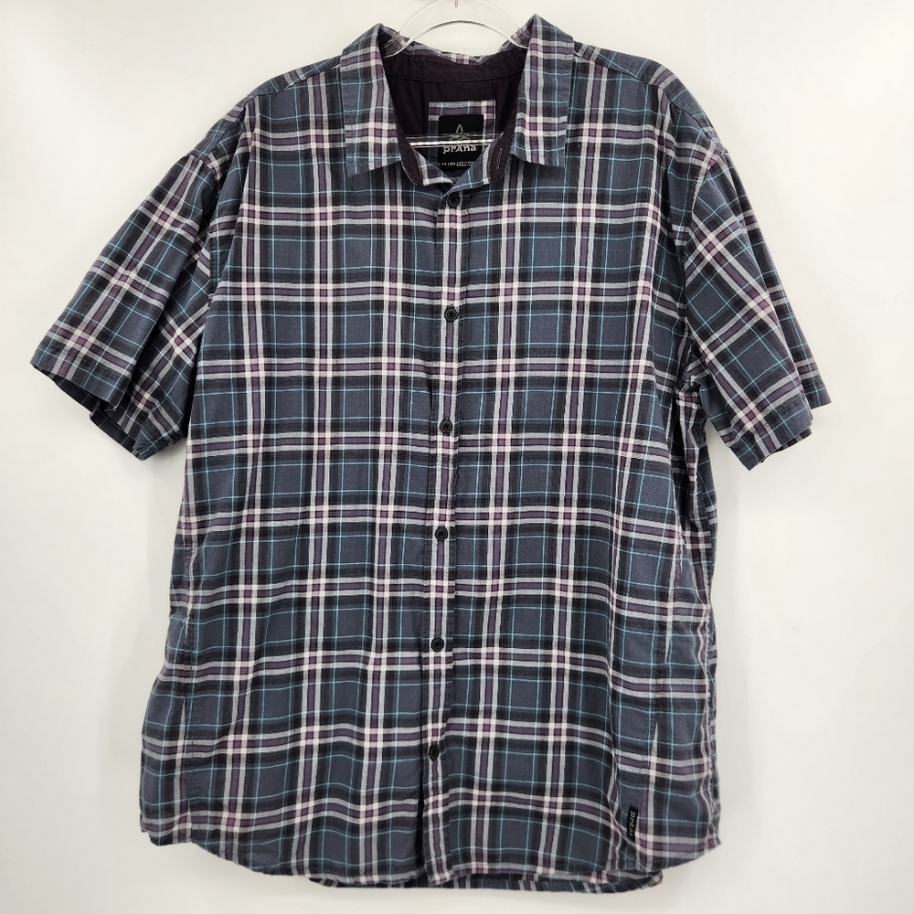 Prana Groveland Short Sleeve Button Front Shirt Mens Size XXL Navy Burgundy